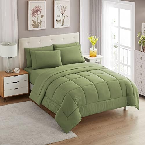 7 Piece Comforter Set Bag Solid Color All Season Soft Down Alternative Blanket & Luxurious Microfiber Bed Sheets, Sage, Queen (Pack of 4) - image 8