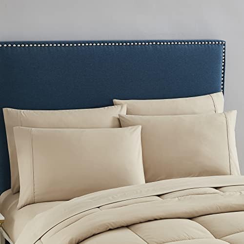 7 Piece Comforter Set Bag Solid Color All Season Soft Down Alternative Blanket & Luxurious Microfiber Bed Sheets, Taupe, King (Pack of 3) - image 11