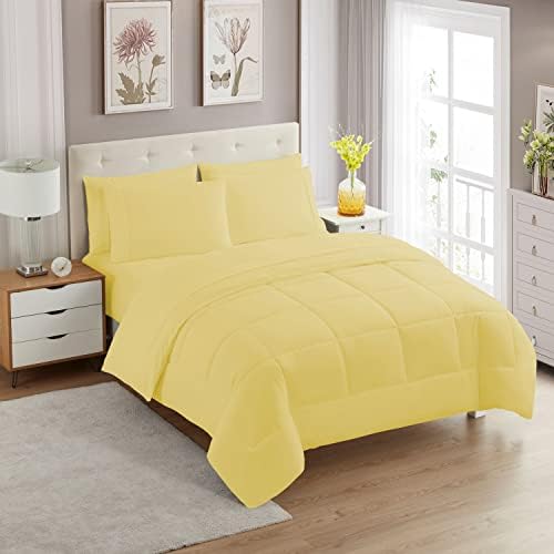 7 Piece Comforter Set Bag Solid Color All Season Soft Down Alternative Blanket & Luxurious Microfiber Bed Sheets, Yellow, Queen (Pack of 4) - image 9