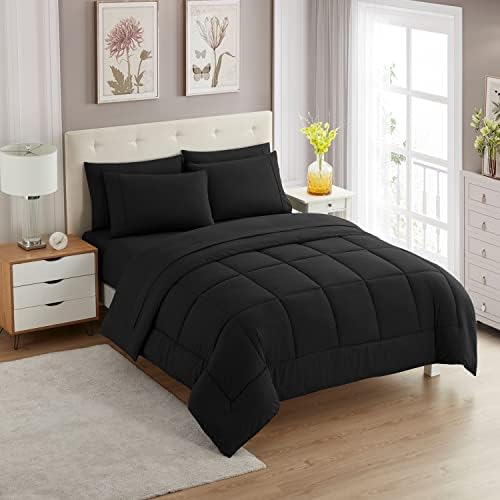 7 Piece Comforter Set Bag Solid Color All Season Soft Down Alternative Blanket & Luxurious Microfiber Bed Sheets, Black, King (Pack of 3) - image 7