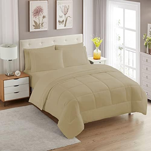 7 Piece Comforter Set Bag Solid Color All Season Soft Down Alternative Blanket & Luxurious Microfiber Bed Sheets, Taupe, King (Pack of 3) - image 7