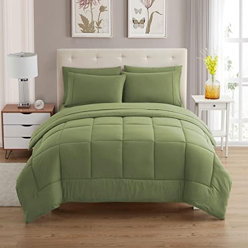 7 Piece Comforter Set Bag Solid Color All Season Soft Down Alternative Blanket & Luxurious Microfiber Bed Sheets, Sage, Queen (Pack of 4) - image 9