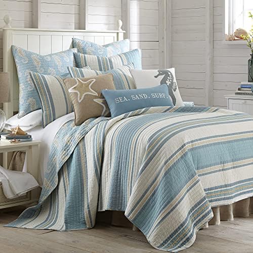 Blue Maui Quilt Set, King/Cal King Quilt + Two King Pillow Shams, Striped Coastal Design In Light Blue, Cream and Tan, Quilt Size (106 x 92), Pillow Sham Size (36 x 20), Reversible, Cotton - image 12