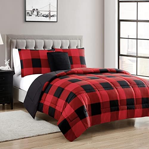 7 Piece Comforter Set Bag Solid Color All Season Soft Down Alternative Blanket & Luxurious Microfiber Bed Sheets, Queen, Buffalo Plaid Burgundy/Black (Pack of 4) - image 2