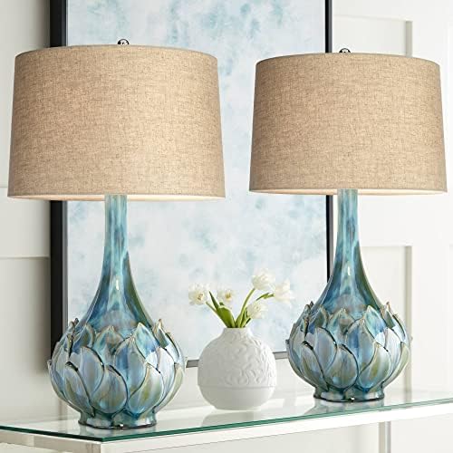 29 1/2" Tall Table Lamps Set of 2 Blue Green Ceramic Coastal Modern - image 8