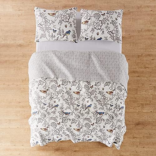 Mockingbird Quilt Set - King/Cal King Quilt 106x92in. + Two King Pillow Shams 36x20in. - Grey Toile with Birds and Butterflies - Reversible Pattern - Cotton - image 9
