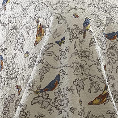 Mockingbird Quilt Set - King/Cal King Quilt 106x92in. + Two King Pillow Shams 36x20in. - Grey Toile with Birds and Butterflies - Reversible Pattern - Cotton - image 10