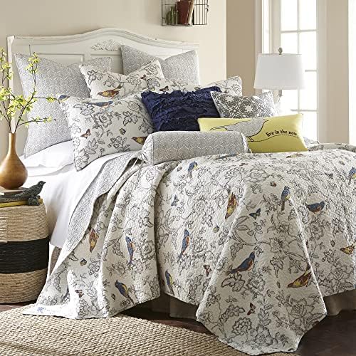 Mockingbird Quilt Set - King/Cal King Quilt 106x92in. + Two King Pillow Shams 36x20in. - Grey Toile with Birds and Butterflies - Reversible Pattern - Cotton - image 8