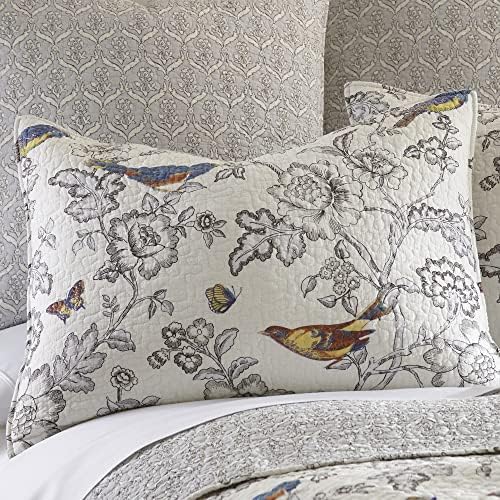 Mockingbird Quilt Set - King/Cal King Quilt 106x92in. + Two King Pillow Shams 36x20in. - Grey Toile with Birds and Butterflies - Reversible Pattern - Cotton - image 11