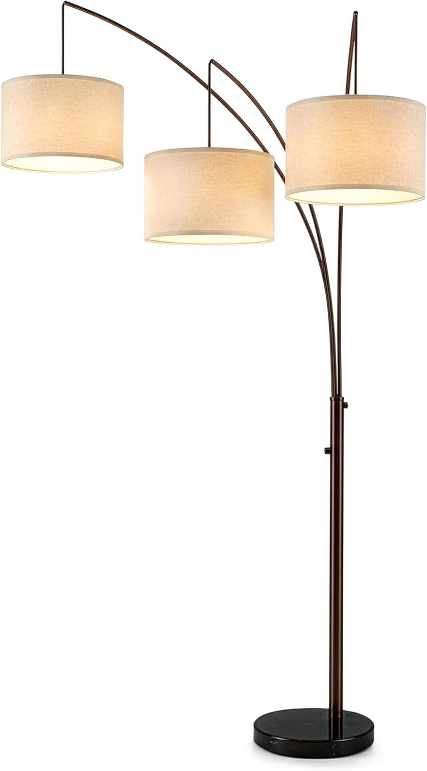 Trilage Arc Floor Lamp - Large Standing Lamp with 3 Fabric Shades & LED Bulbs for Living Room Over the Sofa, Reading, Multi-Head Traditional Tree Floor Lamp for Bedroom - Oil Rubbed Bronze