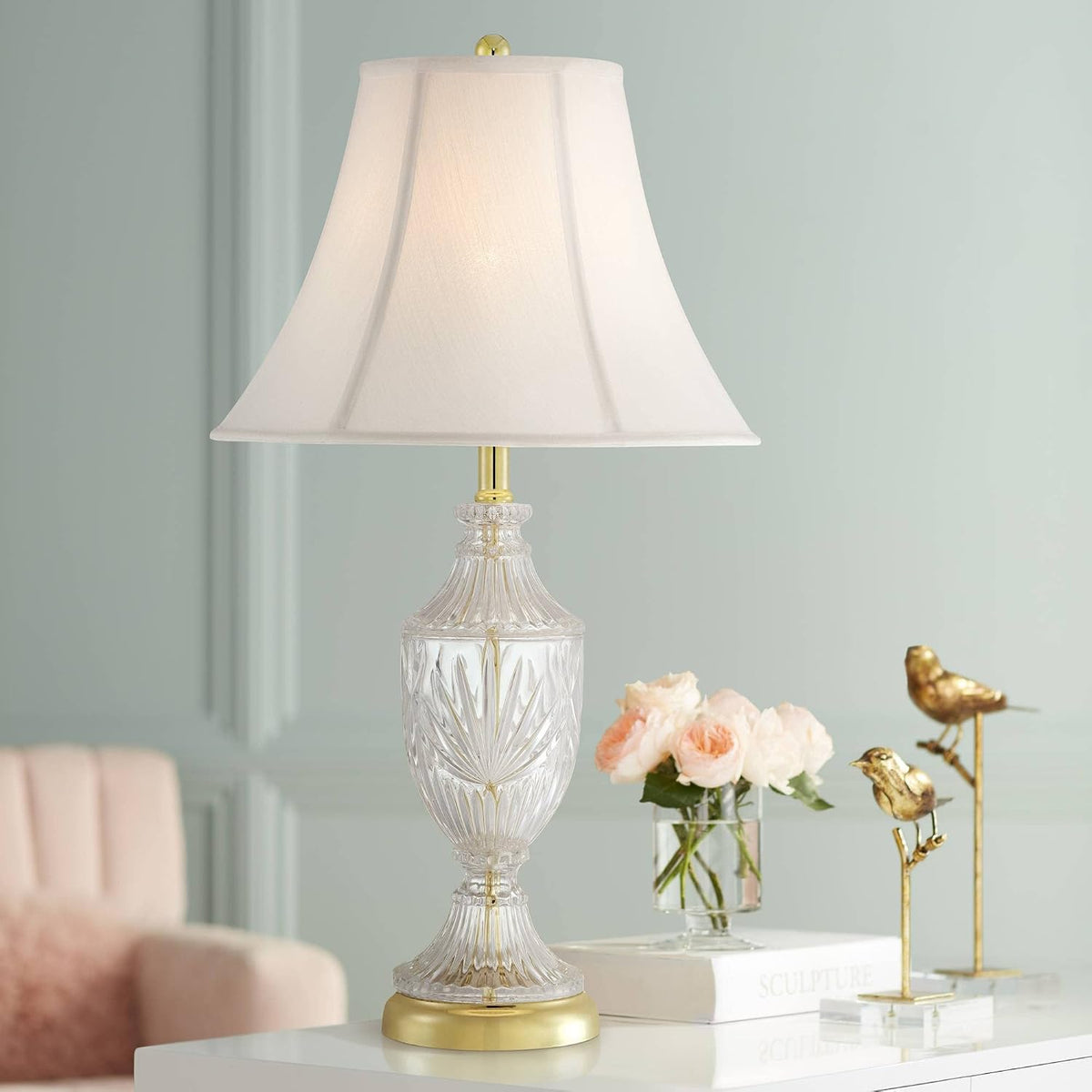 26 1/2" Tall Table Lamps Set of 2 Gold Brass Cut Clear Glass Urn - image 9