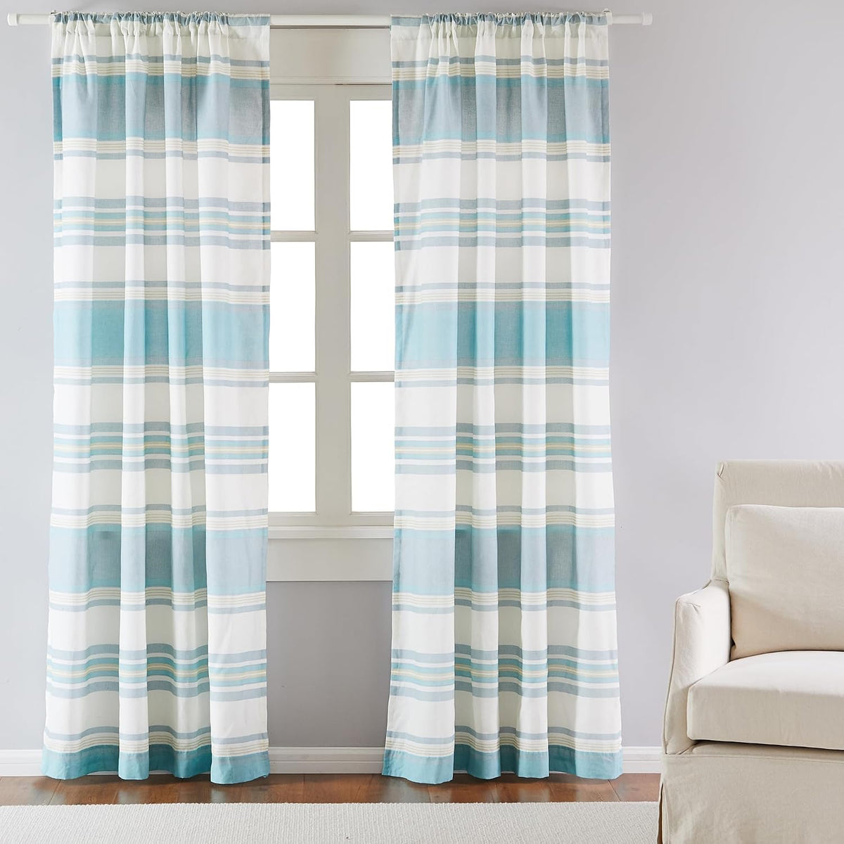 Blue Maui Quilt Set, King/Cal King Quilt + Two King Pillow Shams, Striped Coastal Design In Light Blue, Cream and Tan, Quilt Size (106 x 92), Pillow Sham Size (36 x 20), Reversible, Cotton - image 9