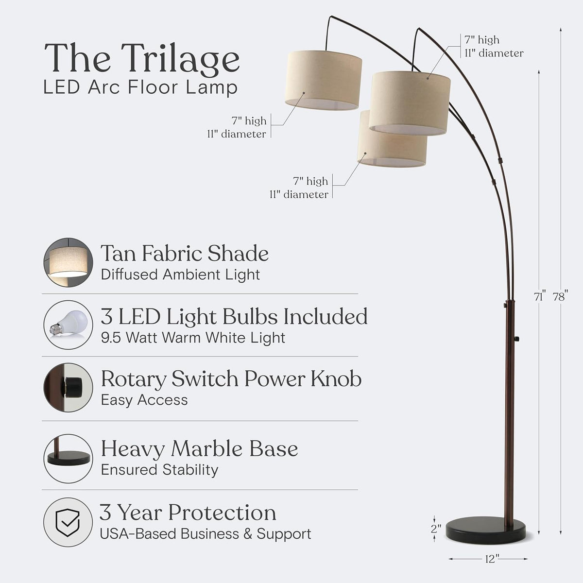 Trilage Arc Floor Lamp - Large Standing Lamp with 3 Fabric Shades & LED Bulbs for Living Room Over the Sofa, Reading, Multi-Head Traditional Tree Floor Lamp for Bedroom - Oil Rubbed Bronze - image 3