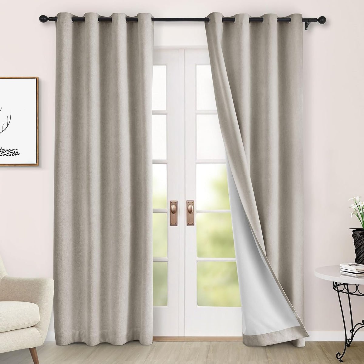 100" Wx84 L Taupe Full Blackout Curtains for Sliding Door, Thermal Insulated Drapery for Living Room Bedroom Windows Patio Door, Modern Chenille Grommet Curtains with Tieback 1 Panel - image 12