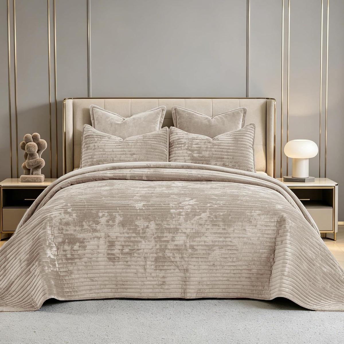 Oversized King Bedspread 120x128 Striped Soft Velvet Quilt Set
