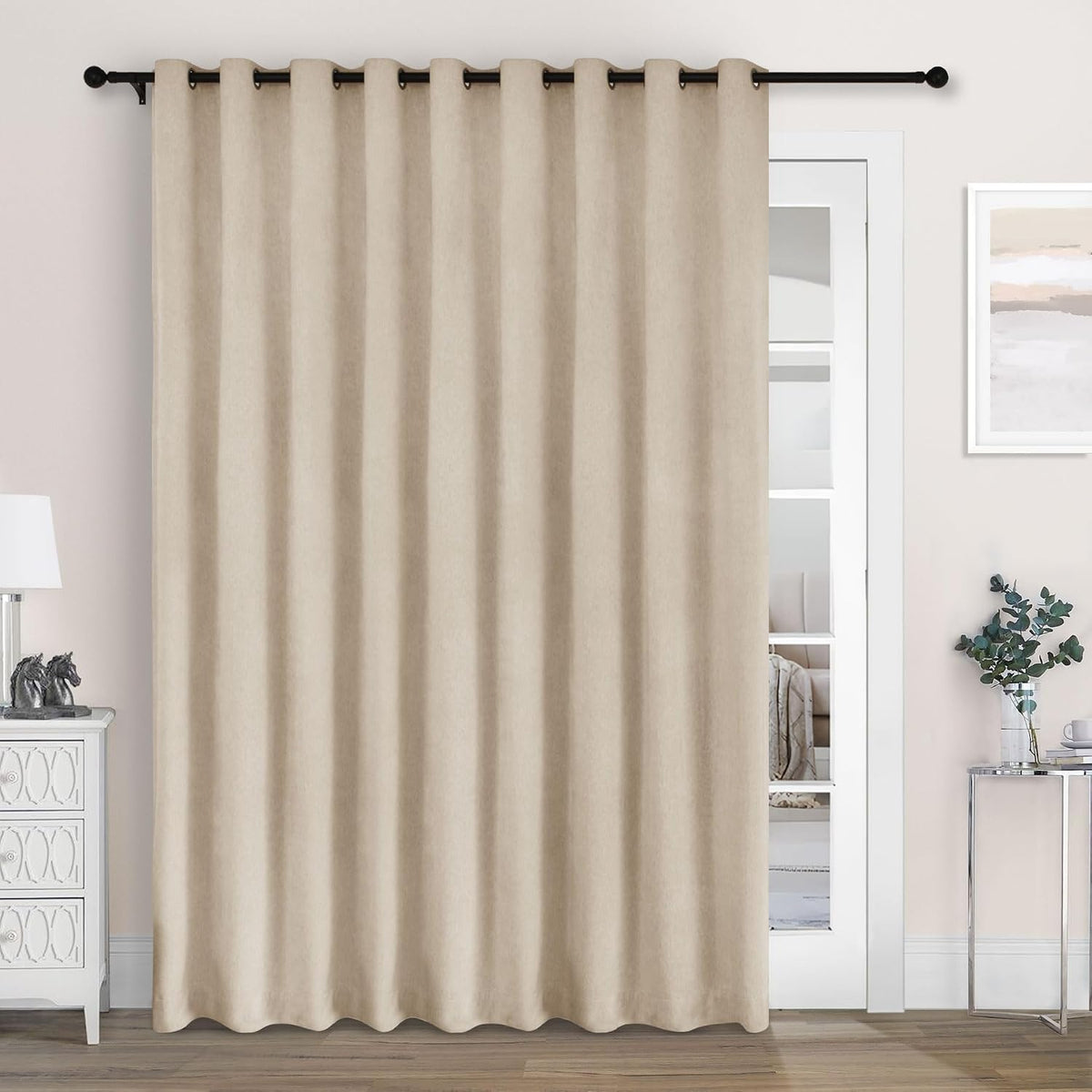 100" Wx84 L Taupe Full Blackout Curtains for Sliding Door, Thermal Insulated Drapery for Living Room Bedroom Windows Patio Door, Modern Chenille Grommet Curtains with Tieback 1 Panel