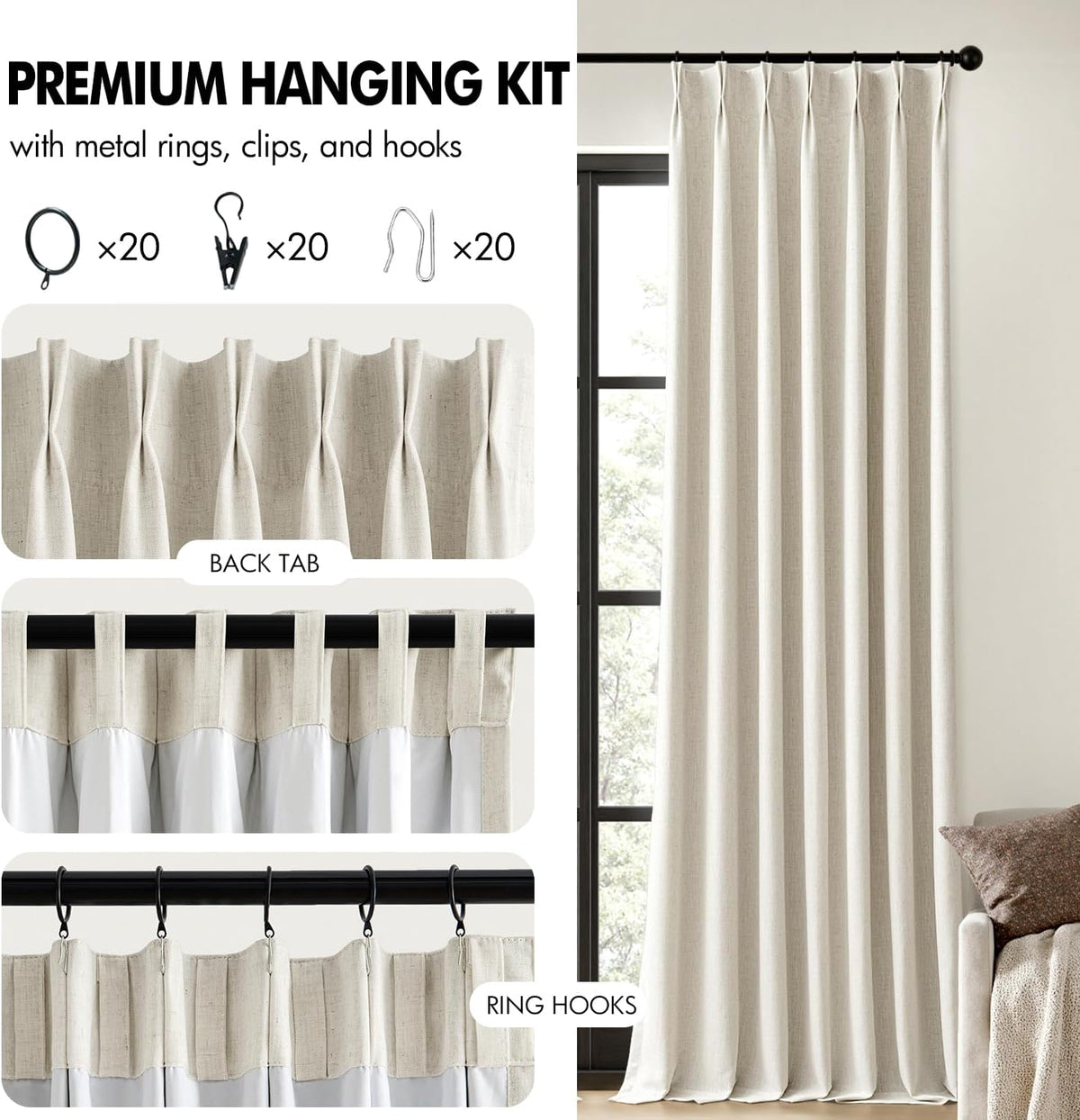Natural Extra Wide Pinch Pleated Blackout Curtains 60x102 Inches - image 8
