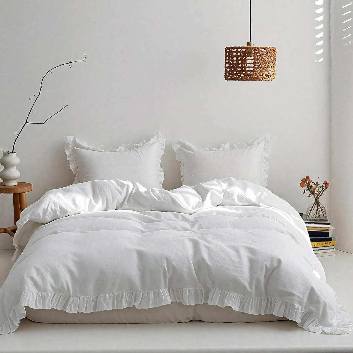 100% Linen Duvet Cover Set, 3 PCS Natural French Flax White Ruffle Duvet Cover King Size, Breathable Comfy Linen Bedding Comforter Cover with 2 Pillowcases (White, 104"X92")