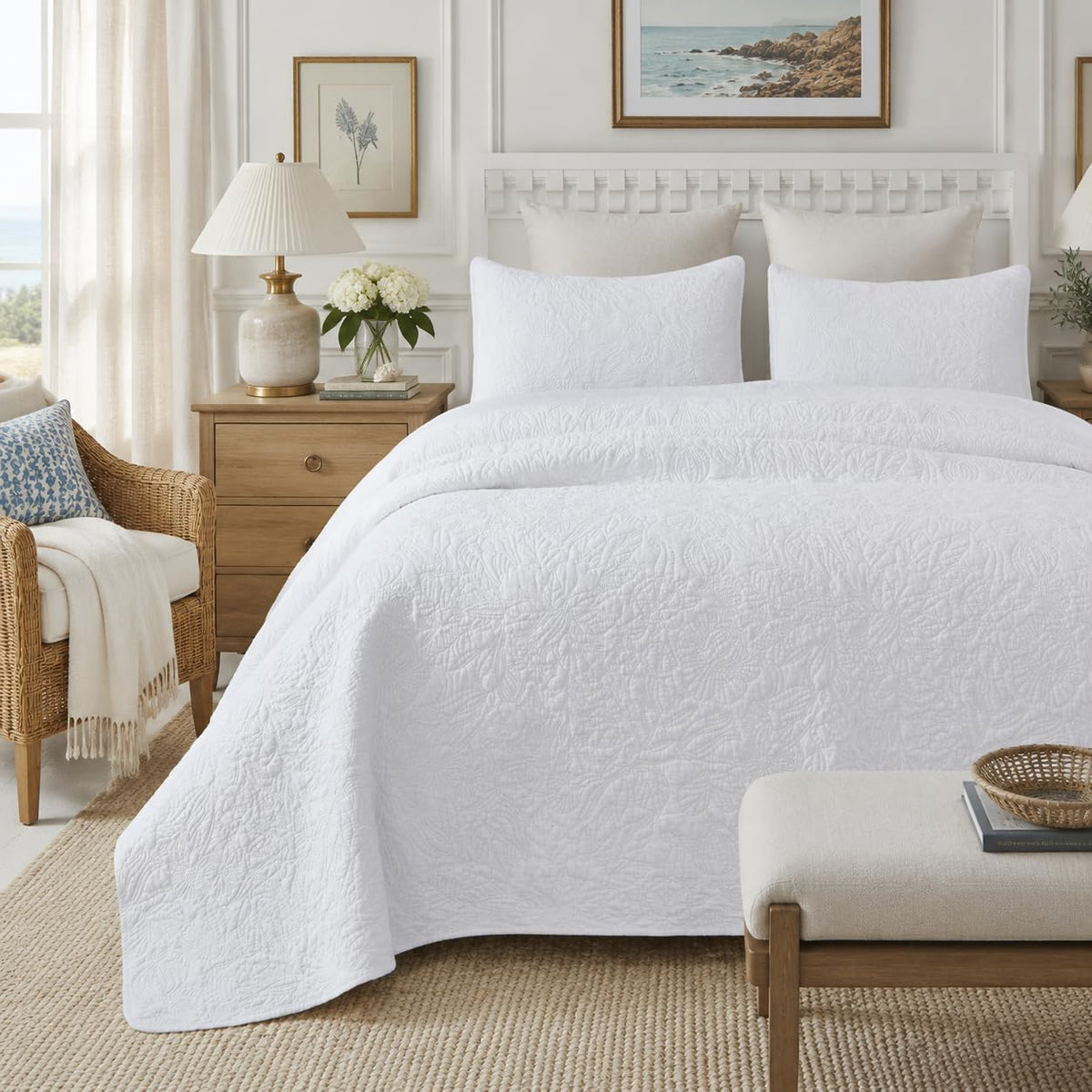 White Botanical Cotton Quilt Set King Floral Stitched Quilts 3PC
