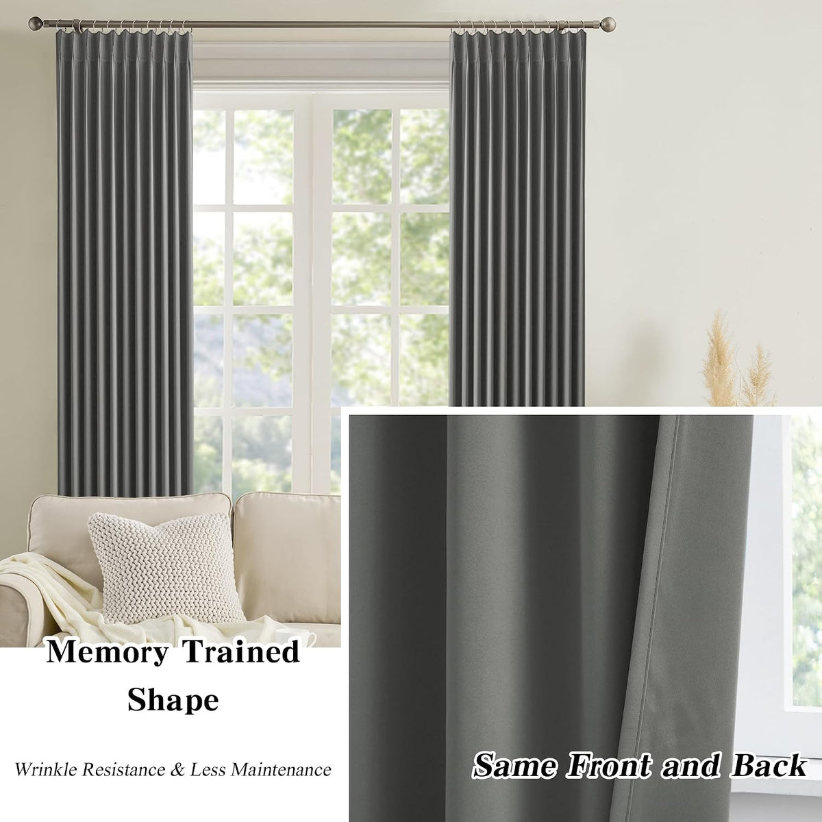 Extra Wide Blackout Curtains 102 Inches Long, Pinch Pleated Curtain for Sliding Door/French Door Room Divider Panels for Living Room 100 Inch Width 100x102 Grey - image 6