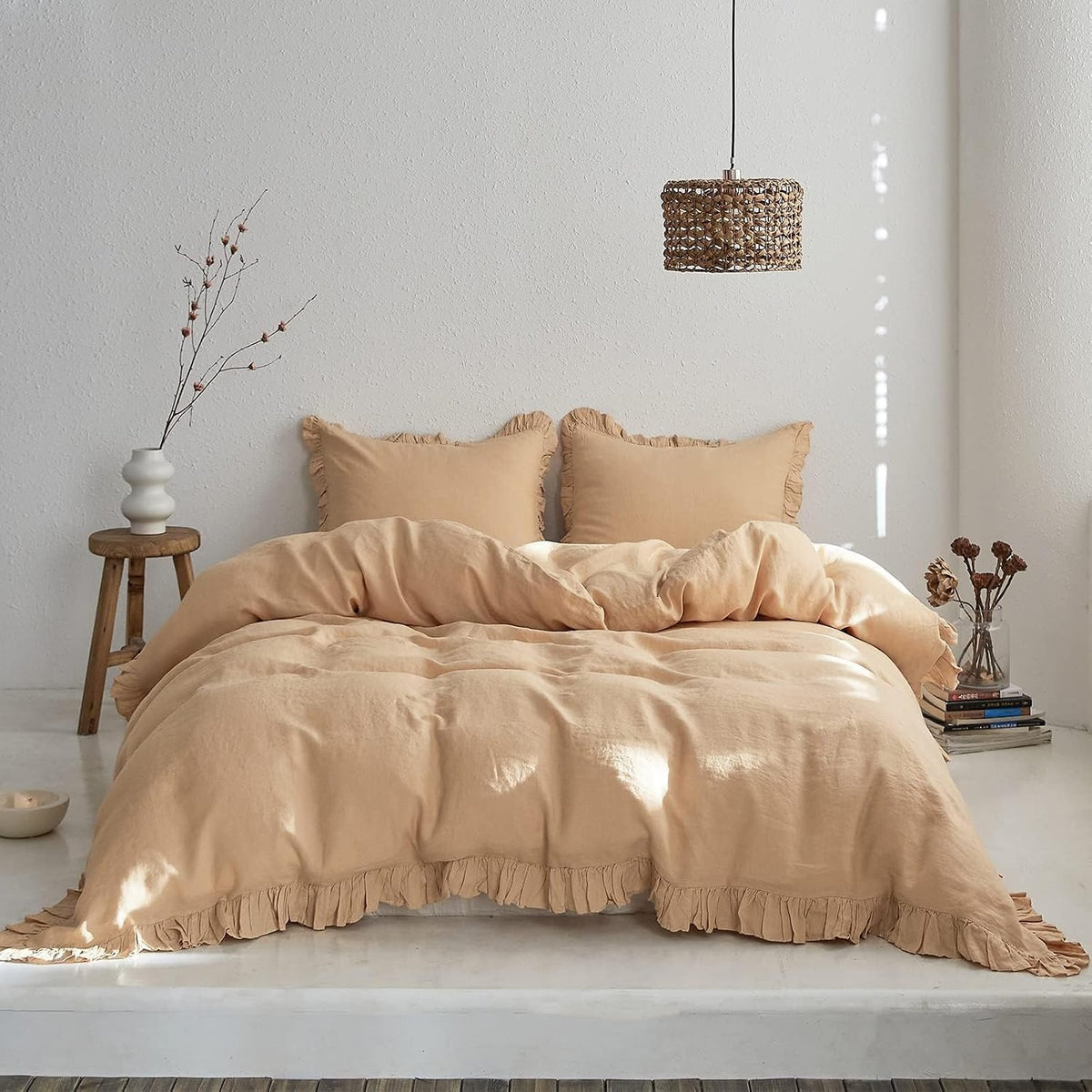 100% Linen Duvet Cover Set, 3 PCS Natural French Flax White Ruffle Duvet Cover King Size, Breathable Comfy Linen Bedding Comforter Cover with 2 Pillowcases (White, 104"X92") - image 12
