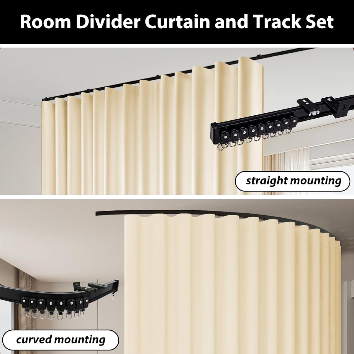 Room Divider Blackout Curtains & Ceiling Curtain Track Set Wall Mount Extra Wide Track Curtains Flexible Sliding Curtain Rod Room Separation Privacy（W 216 x H 96 in Beige Drape & Black Rail） - image 4