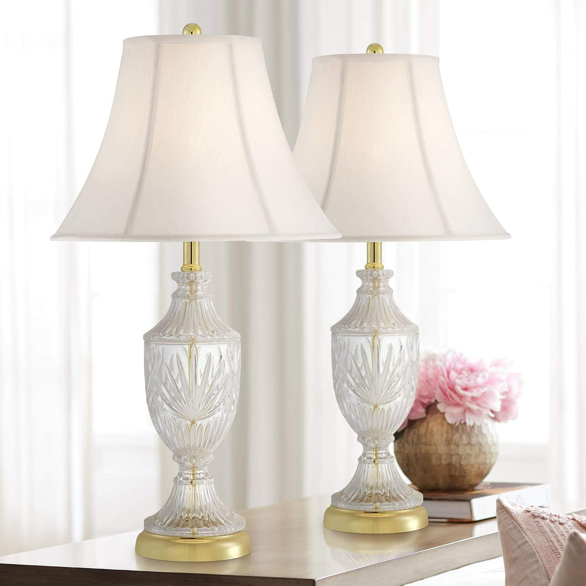 26 1/2" Tall Table Lamps Set of 2 Gold Brass Cut Clear Glass Urn - image 2