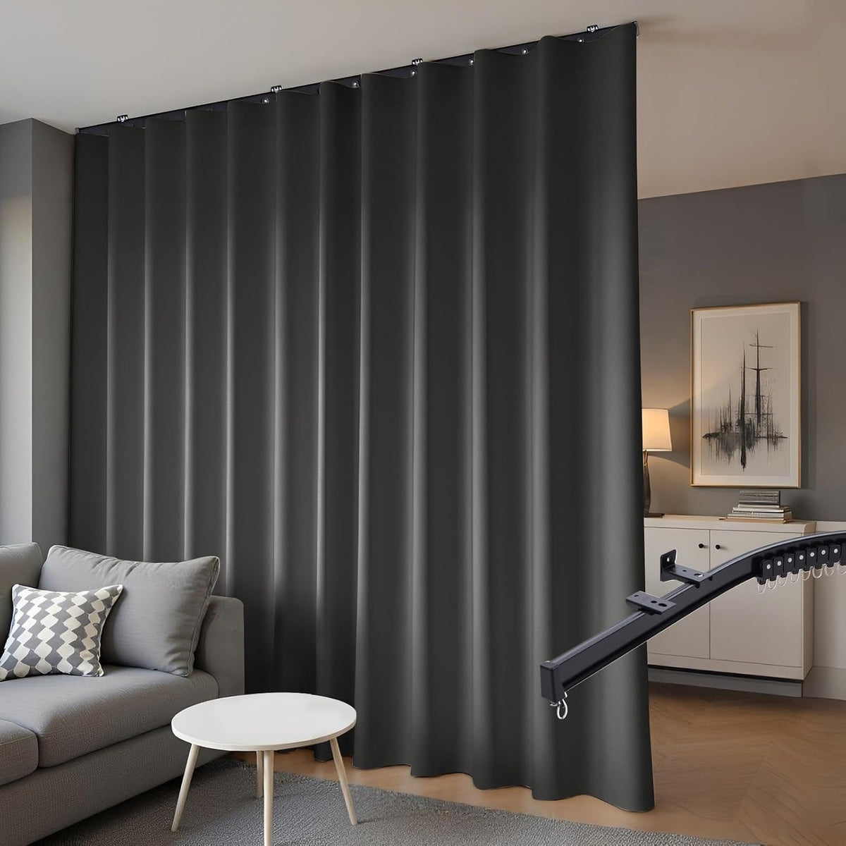 Room Divider Blackout Curtains & Ceiling Curtain Track Set Wall Mount Extra Wide Track Curtains Flexible Sliding Curtain Rod Room Separation Privacy（W 216 x H 96 in Beige Drape & Black Rail） - image 9