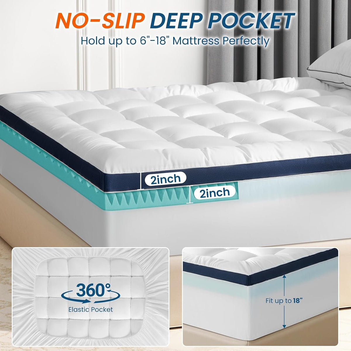 4 Inch Memory Foam Dual-Layer Mattress Topper Queen Size - 2Inch 1000GSM Quilted Pillow Top with Down-Alternative + 2Inch 5-Zone Egg Crate Memory Foam（60"x80"） - image 6