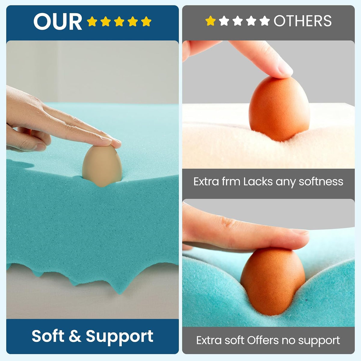 4 Inch Memory Foam Dual-Layer Mattress Topper Queen Size - 2Inch 1000GSM Quilted Pillow Top with Down-Alternative + 2Inch 5-Zone Egg Crate Memory Foam（60"x80"） - image 7