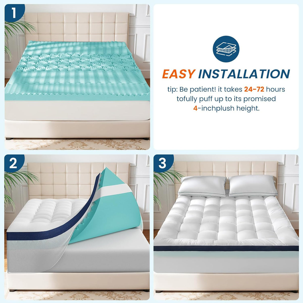4 Inch Memory Foam Dual-Layer Mattress Topper Queen Size - 2Inch 1000GSM Quilted Pillow Top with Down-Alternative + 2Inch 5-Zone Egg Crate Memory Foam（60"x80"） - image 8
