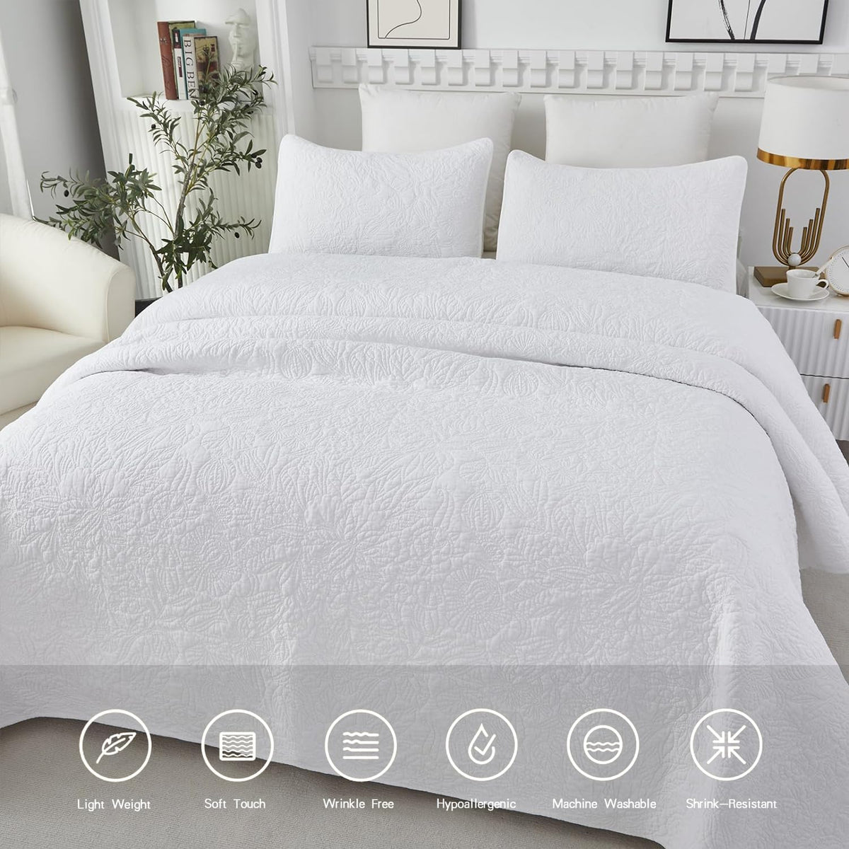 White Botanical Cotton Quilt Set King Floral Stitched Quilts 3PC - image 4
