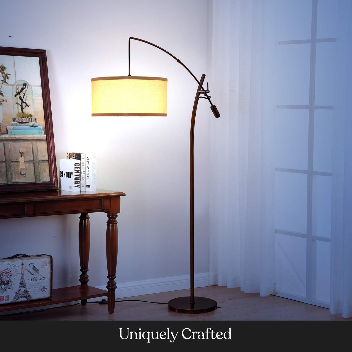Grayson LED Floor Lamp, Modern Arc Lamp with Linen Shade for Office & Living Room, Tall, Height Adjustable Industrial Standing Lamp for Bedroom Reading, Over The Sofa - Bronze - image 9