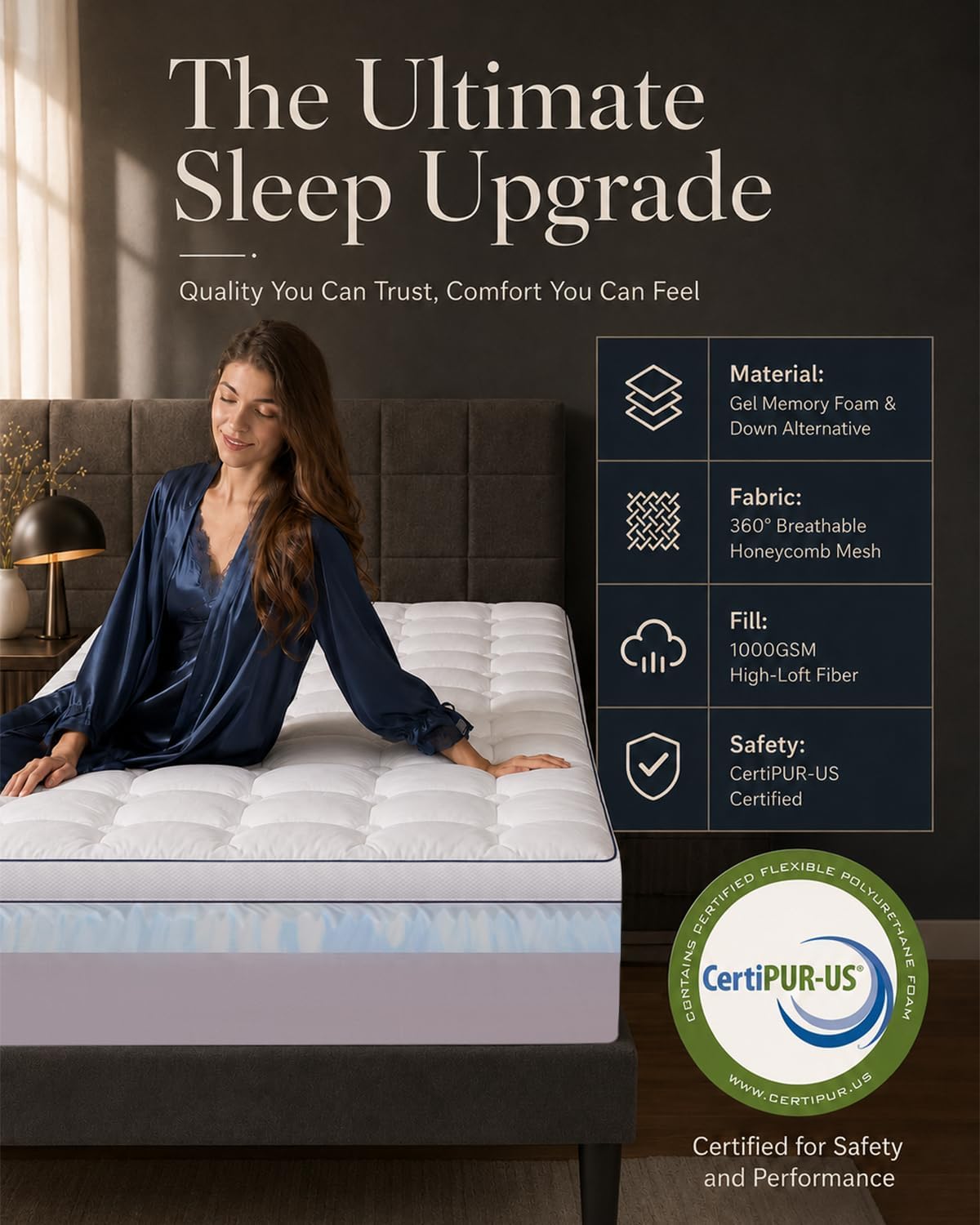 Queen Mattress Topper 4 Inch, Cooling Memory Foam Mattress Topper Queen Size with 2" Gel Foam & 2" Soft Pillow Top, Bamboo Viscose Cover, 21" Deep Pocket Mattress Pad (Queen) - image 7