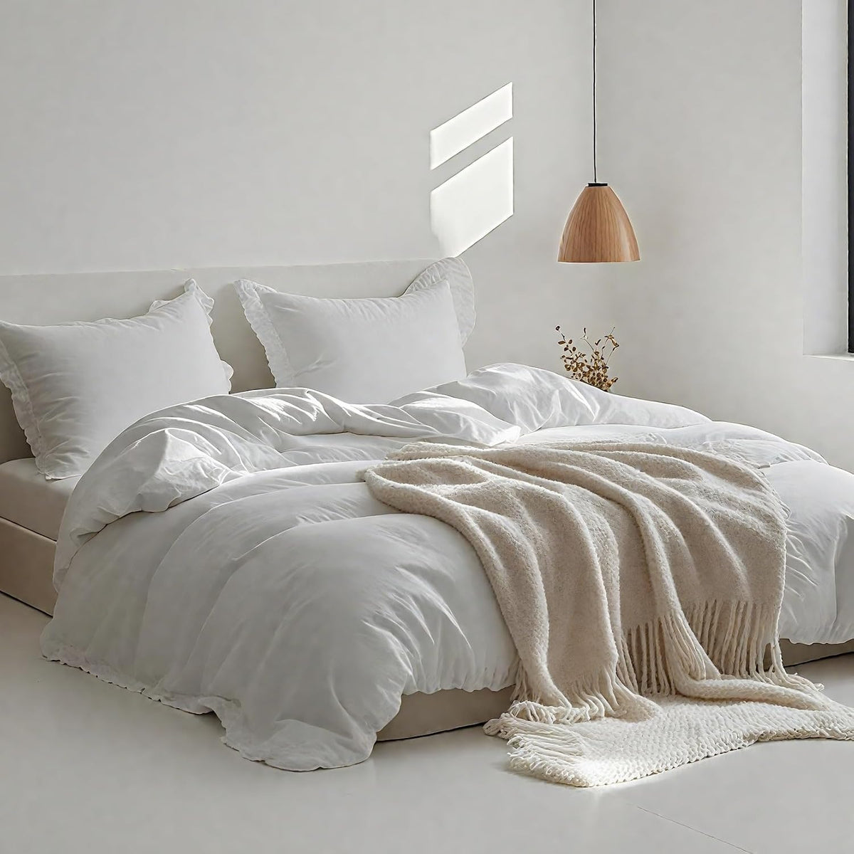 100% Linen Duvet Cover Set, 3 PCS Natural French Flax White Ruffle Duvet Cover King Size, Breathable Comfy Linen Bedding Comforter Cover with 2 Pillowcases (White, 104"X92") - image 2