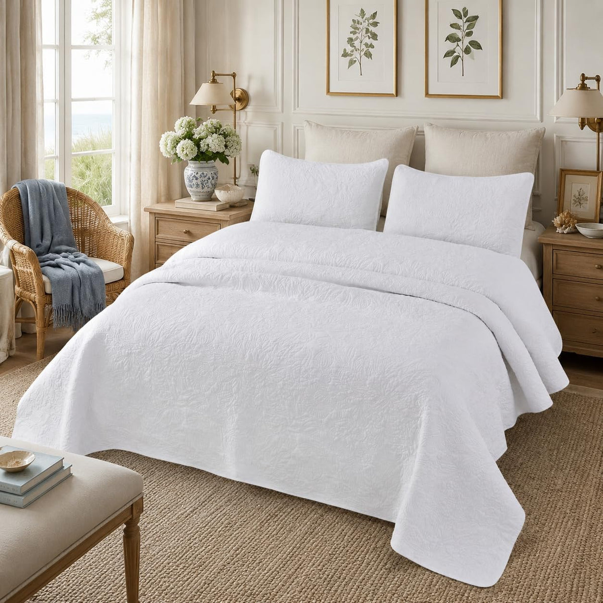 White Botanical Cotton Quilt Set King Floral Stitched Quilts 3PC - image 6