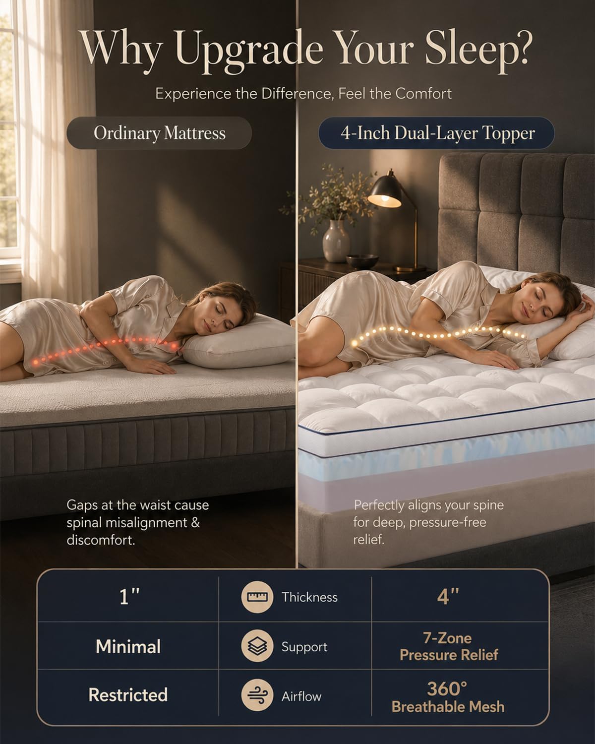 Queen Mattress Topper 4 Inch, Cooling Memory Foam Mattress Topper Queen Size with 2" Gel Foam & 2" Soft Pillow Top, Bamboo Viscose Cover, 21" Deep Pocket Mattress Pad (Queen) - image 8