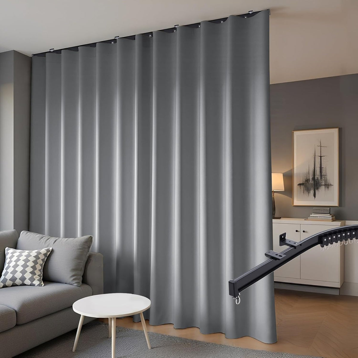 Room Divider Blackout Curtains & Ceiling Curtain Track Set Wall Mount Extra Wide Track Curtains Flexible Sliding Curtain Rod Room Separation Privacy（W 216 x H 96 in Beige Drape & Black Rail） - image 8