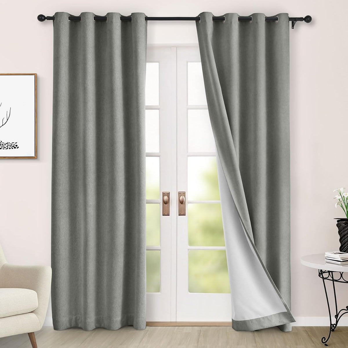 100" Wx84 L Taupe Full Blackout Curtains for Sliding Door, Thermal Insulated Drapery for Living Room Bedroom Windows Patio Door, Modern Chenille Grommet Curtains with Tieback 1 Panel - image 11