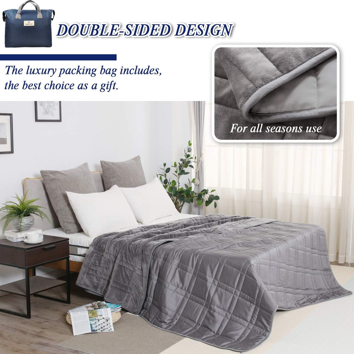Queen Size Weighted Blanket 80''x87''(30lbs, Double-Sided), Warm Short Plush and Cool Tencel Fabric Reversible Weighted Blanket for Adult - Carry Bag Included - image 7