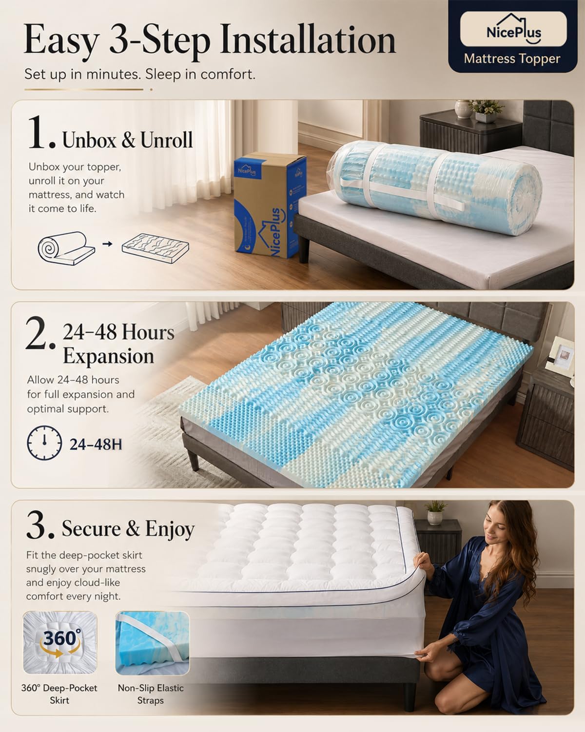 Queen Mattress Topper 4 Inch, Cooling Memory Foam Mattress Topper Queen Size with 2" Gel Foam & 2" Soft Pillow Top, Bamboo Viscose Cover, 21" Deep Pocket Mattress Pad (Queen) - image 9