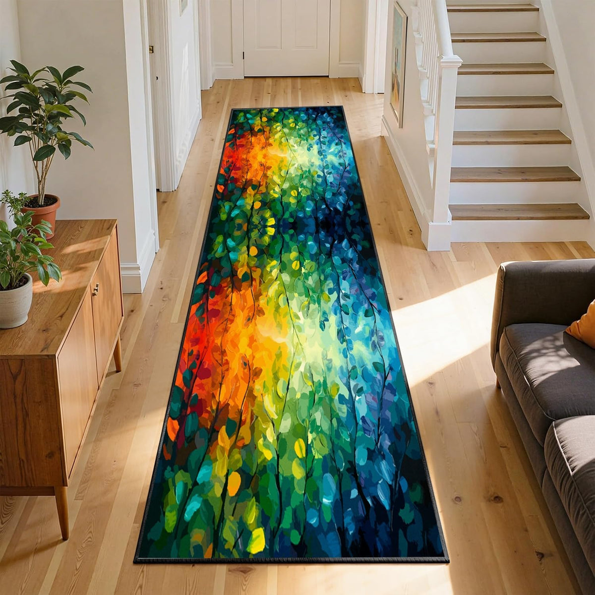 Colorful Leaf Branch Runner Rugs for Hallway, 3.3x10ft, Colorful Botanical Printed Pattern Entrance Carpets, Machine Washable Fade Resistant Home Decor Mats for Bedroom