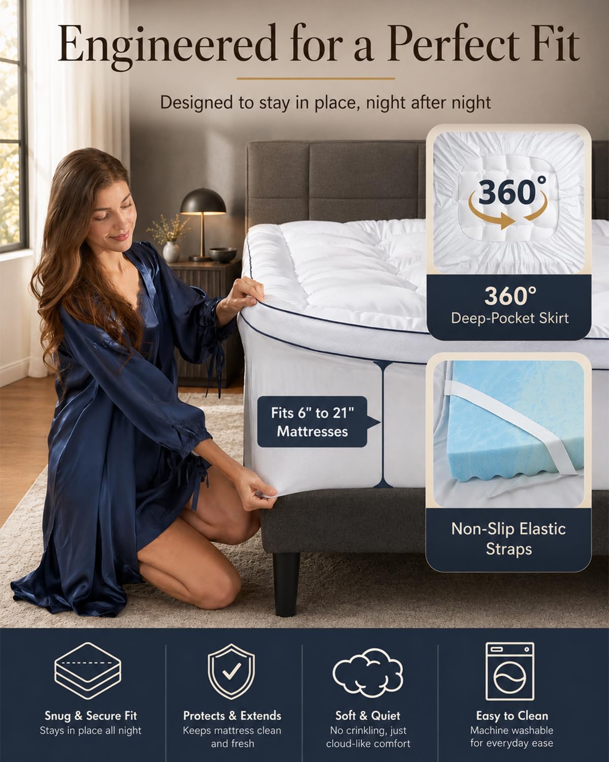Queen Mattress Topper 4 Inch, Cooling Memory Foam Mattress Topper Queen Size with 2" Gel Foam & 2" Soft Pillow Top, Bamboo Viscose Cover, 21" Deep Pocket Mattress Pad (Queen) - image 6