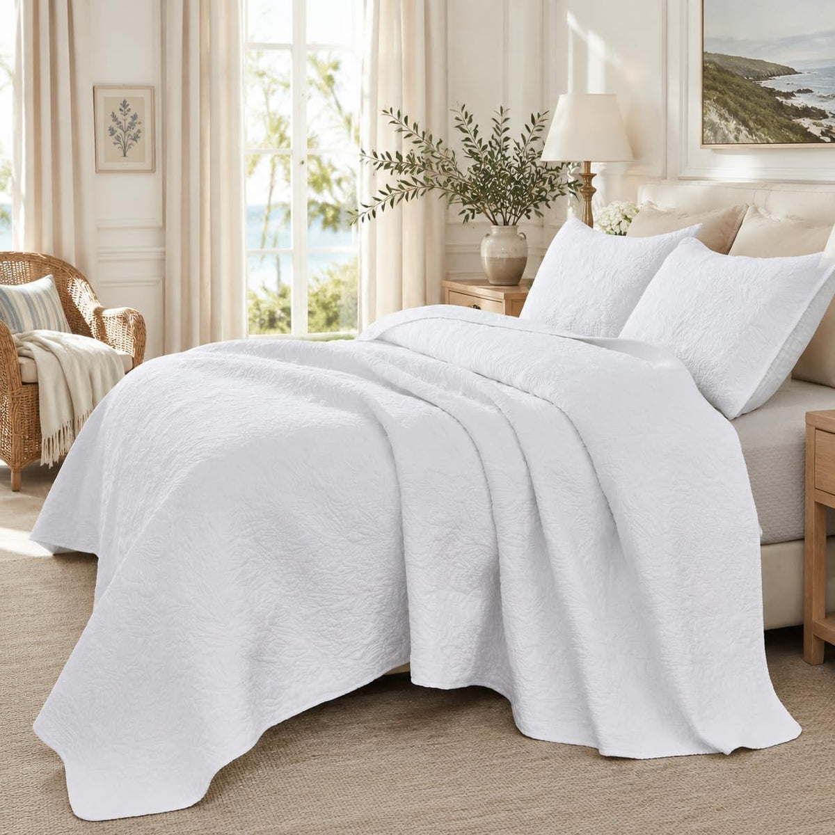 White Botanical Cotton Quilt Set King Floral Stitched Quilts 3PC - image 3
