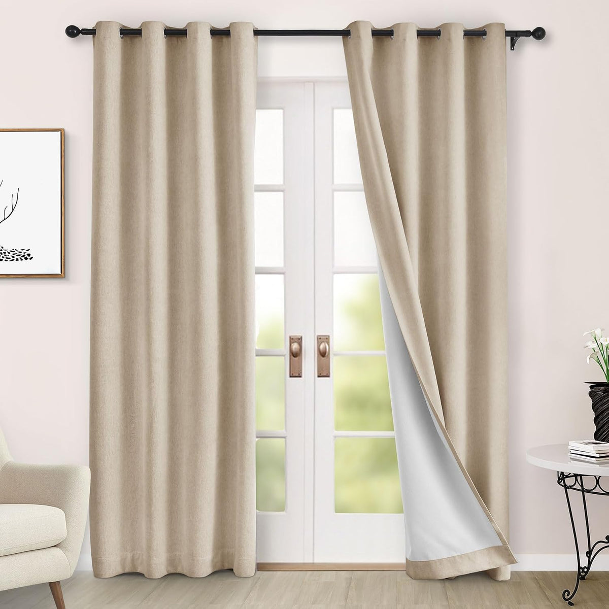 100" Wx84 L Taupe Full Blackout Curtains for Sliding Door, Thermal Insulated Drapery for Living Room Bedroom Windows Patio Door, Modern Chenille Grommet Curtains with Tieback 1 Panel - image 9