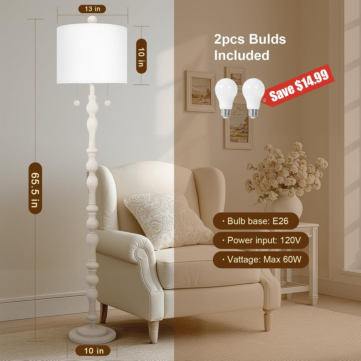 65.5" Natural Real Wood Boho Floor Lamp for Living Room Bedroom - image 5
