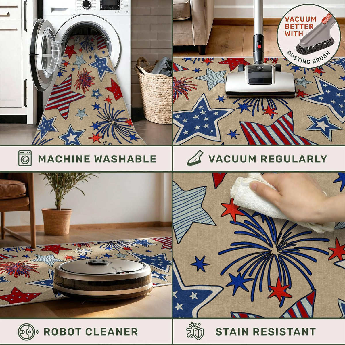 4th of July Patriotic Stars Kitchen Runner Rugs, 3x10ft, Independence America Stars Memorial Day Front Door Mat, Non Slip Rubber Backing Machine Washable Entryway Hallway Floor Decor Carpet - image 7
