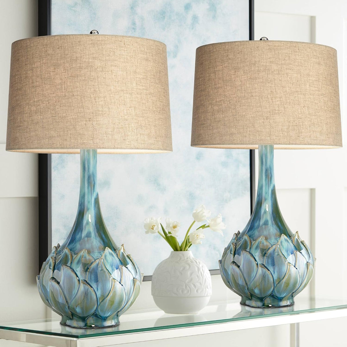 29 1/2" Tall Table Lamps Set of 2 Blue Green Ceramic Coastal Modern