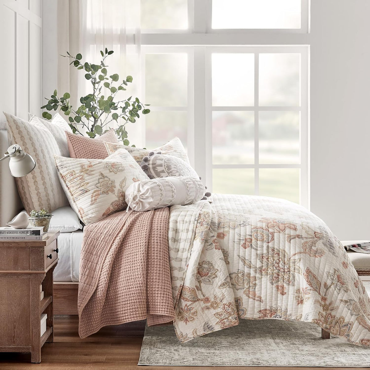 Selesta Blush Quilt Set - King Quilt and Two King Shams - Floral - Blush Taupe Grey - Quilt (106x92in.) and Shams (20x36in.) - Reversible - Cotton - image 3
