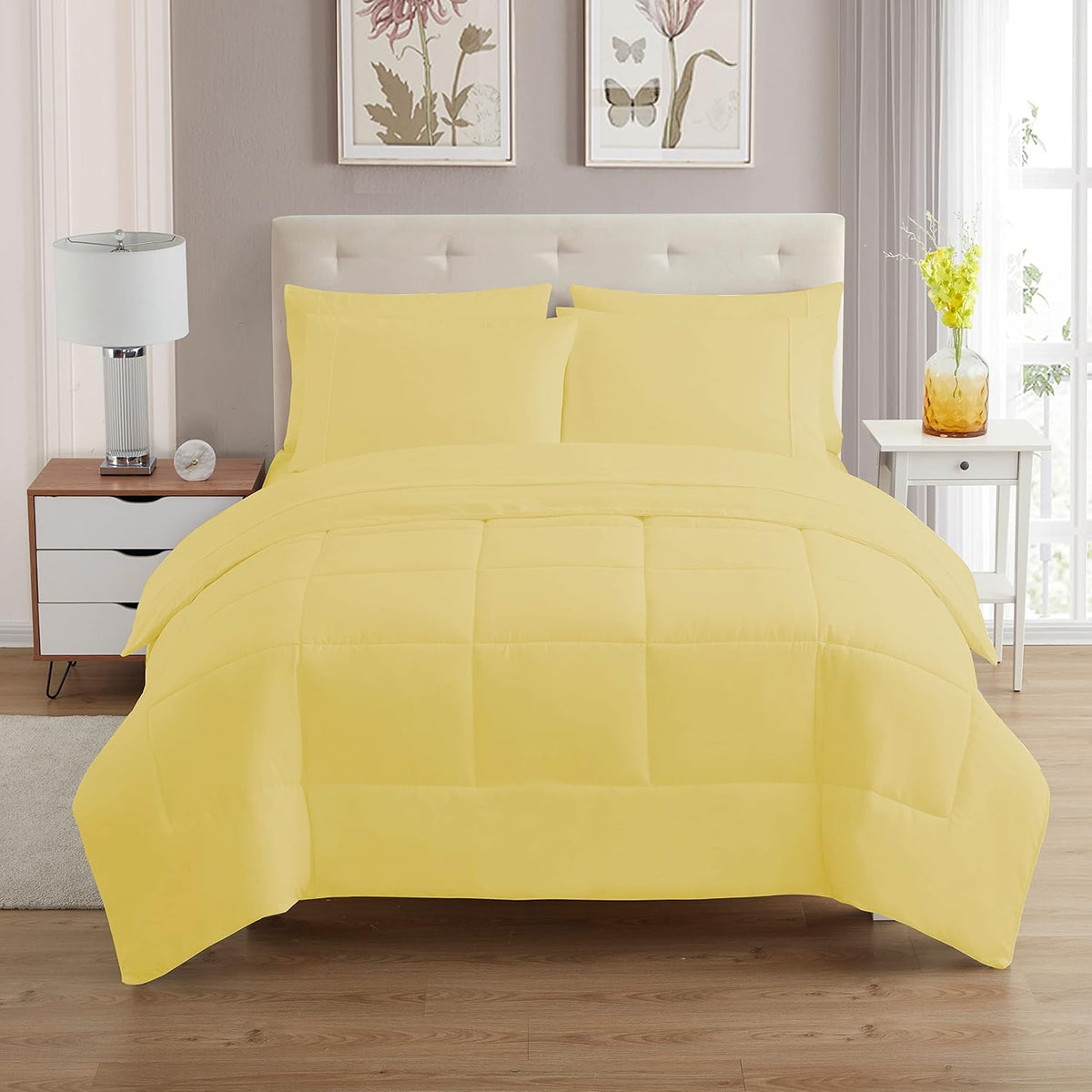 7 Piece Comforter Set Bag Solid Color All Season Soft Down Alternative Blanket & Luxurious Microfiber Bed Sheets, Yellow, Queen (Pack of 4)
